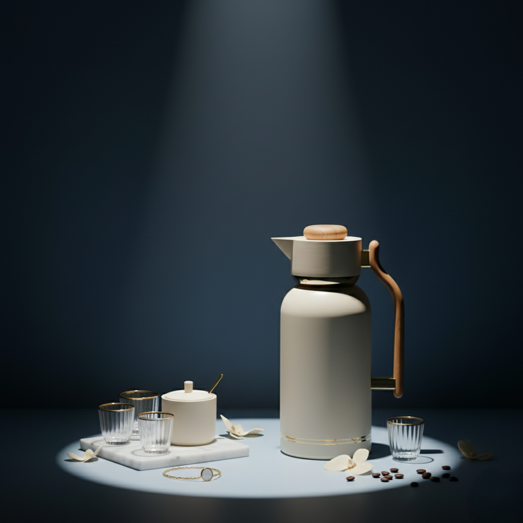 Double Wall Vacuum Flask Set – 1.0L + 1.3L Stainless Steel Insulated Thermal Flask| Minimalist Beige with Wood Finish Handle | Hot & Cold Beverage Server for Home & Office