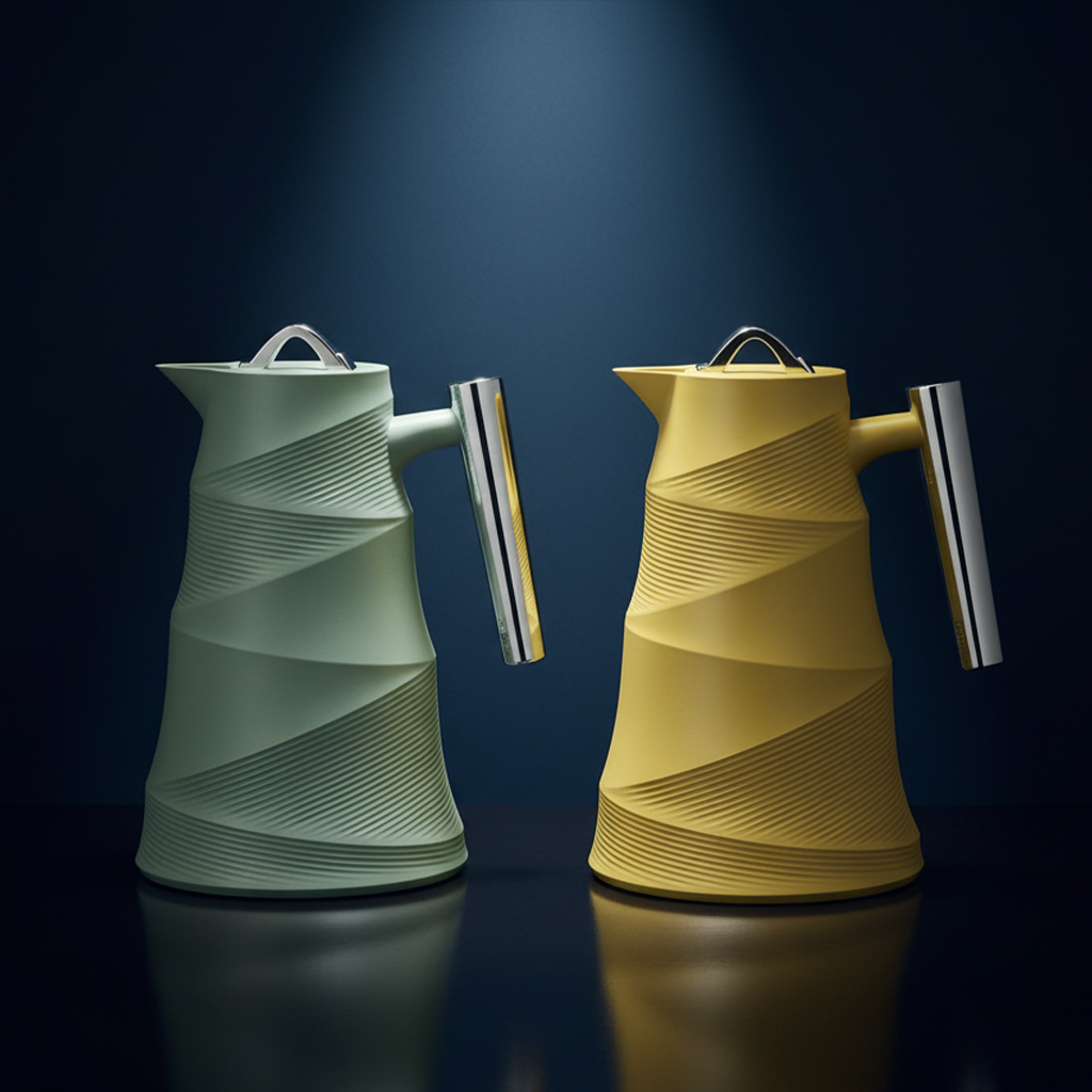 Vacuum Flask – 1.0L – Glass Inner, Plastic Body – Elegant Silver Handle – Hot & Cold – Modern Spiral Design