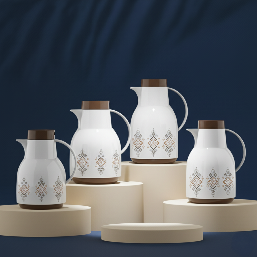 RDQ Vacuum Flask | 0.5L – 2L | Plastic Body with Glass Liner | White + Brown Design | Hot & Cold Thermos Jug