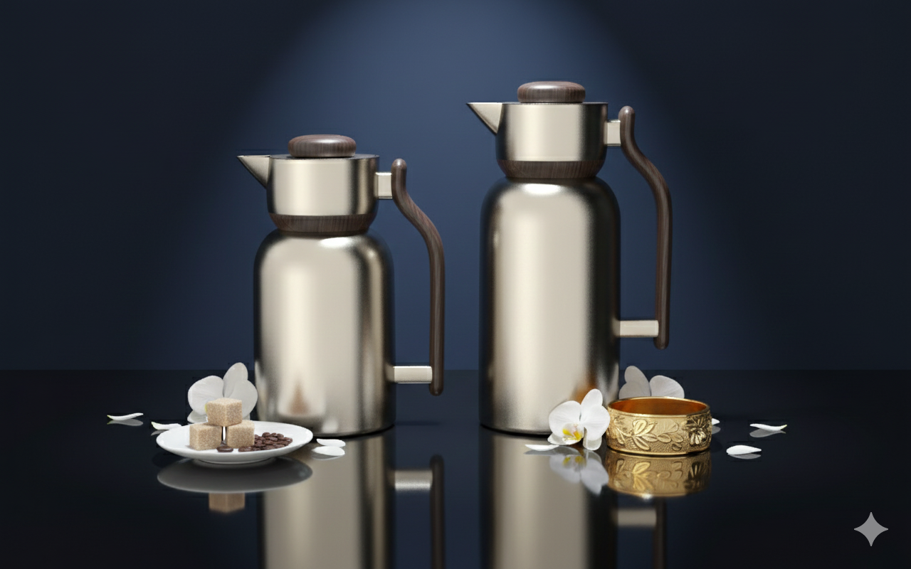 Ripple Regal Vacuum Flask Set – 1.0L & 1.3L Double Wall Stainless Steel Insulated Beverage Server, Matt Light Coffee with Wooden Finish, Hot & Cold Drink Serving Set