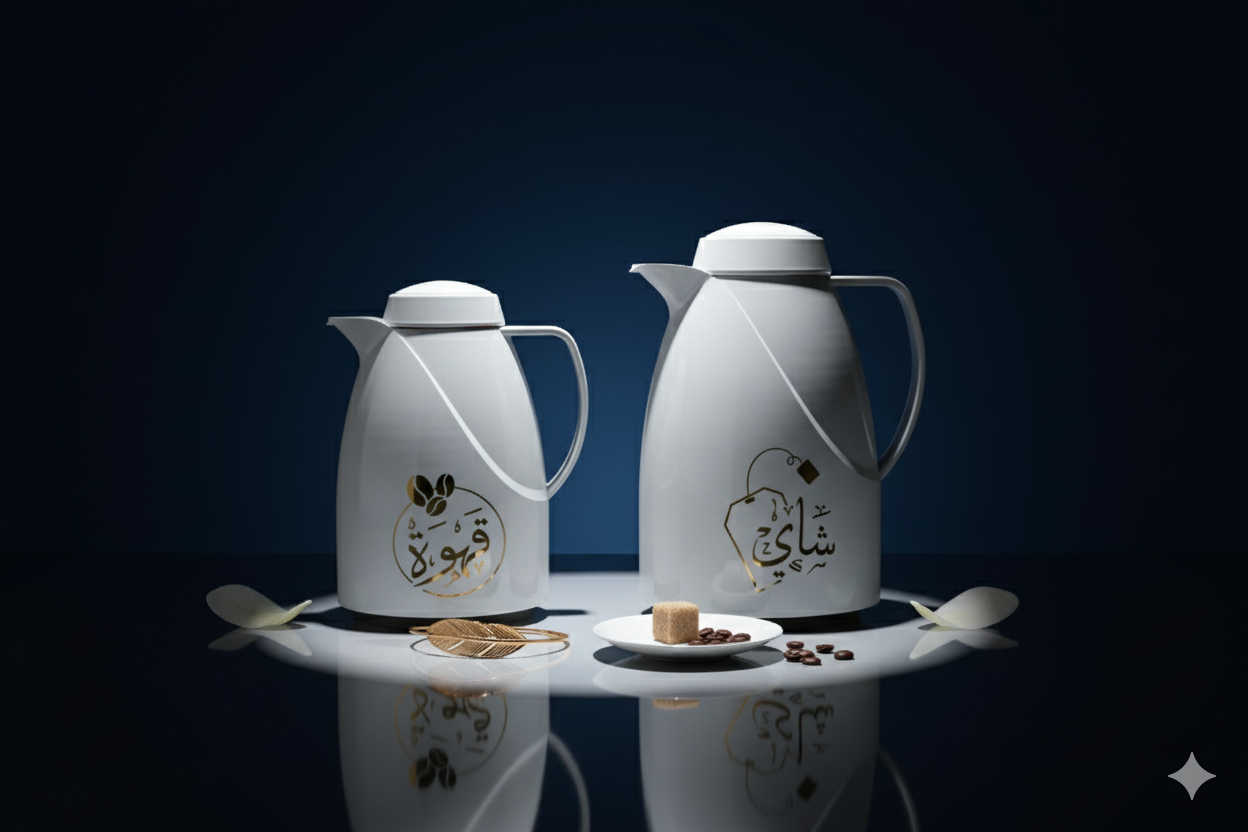 Regal by Ripple 2-Piece Arabic Thermos Set – 0.5L Coffee Flask + 1.0L Tea Flask – White with Champagne Gold Arabic Calligraphy – Glass Liner – Hot & Cold Vacuum Flask – RDU-05/10