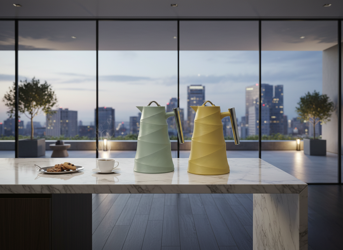 Vacuum Flask – 1.0L – Glass Inner, Plastic Body – Elegant Silver Handle – Hot & Cold – Modern Spiral Design