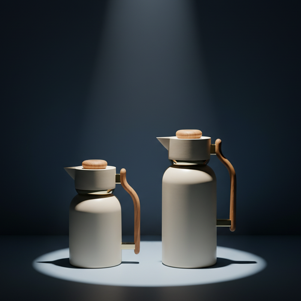 Double Wall Vacuum Flask Set – 1.0L + 1.3L Stainless Steel Insulated Thermal Flask| Minimalist Beige with Wood Finish Handle | Hot & Cold Beverage Server for Home & Office