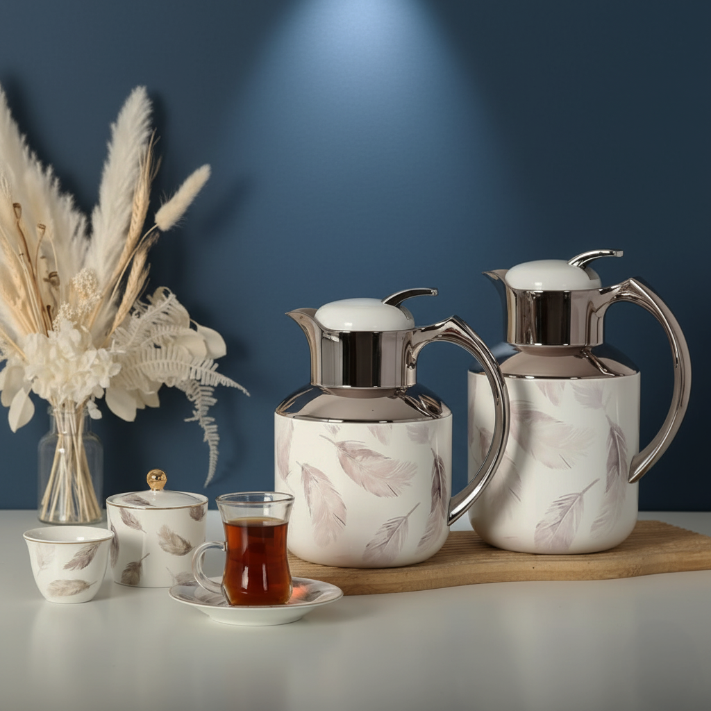 Arabic Coffee & Tea Serving Set with 0.5L + 1L Vacuum Flasks – White & Champagne Gold – Glass Liner, Stainless Steel, 6 Porcelain Cups, Saucers, Sugar Bowl – Ramadan Majlis Gift