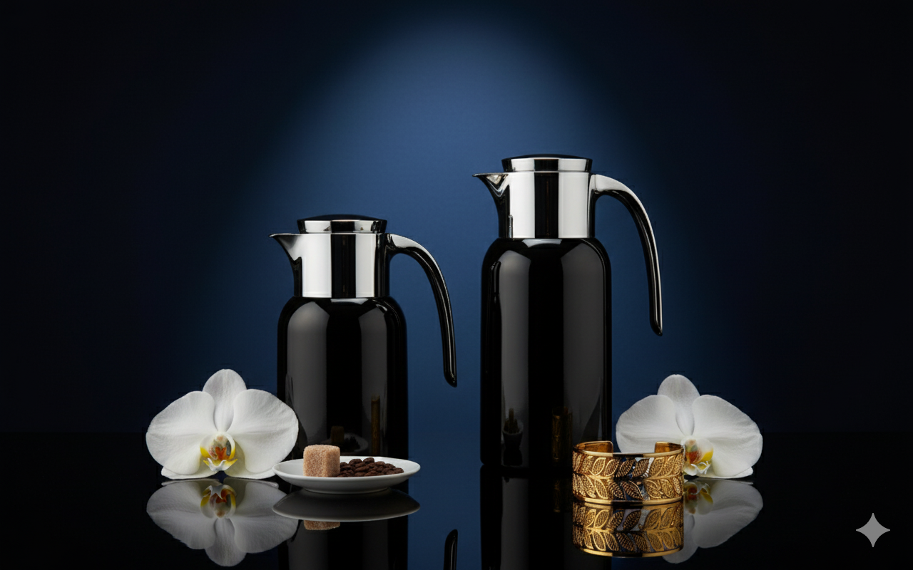 Regal by Ripple 2-Piece Full Stainless Steel Thermos Set – 1.0L Coffee Flask + 1.3L Tea Flask – Double Wall Insulated with Steel Liner – Jet Black with Silver Finish – TSC12Q-GS JET BLACK