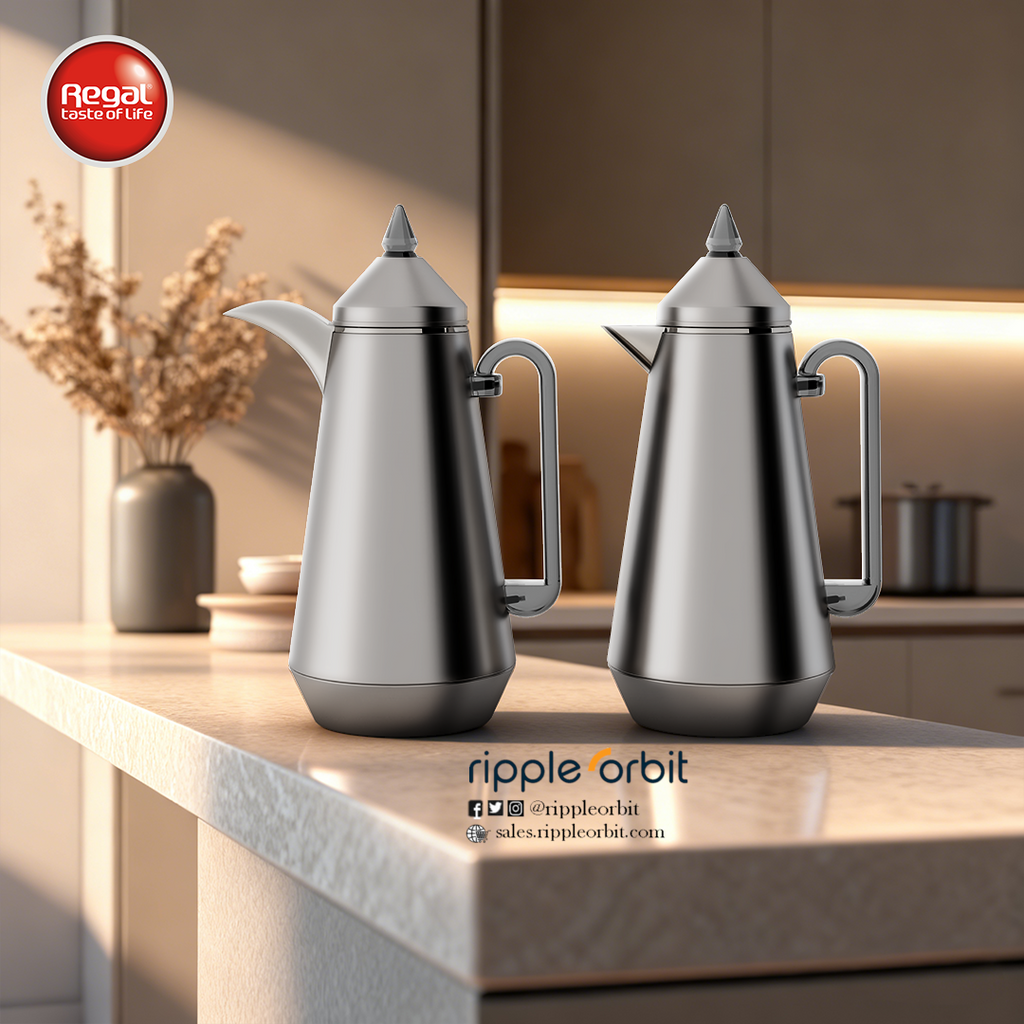 Regal by Ripple Vacuum Flask Set (2 x 1L), Double Wall Stainless Steel Body with Glass Liner, Hot & Cold Insulated Vacuum Jugs, Leak-Resistant, for Arabic Coffee & Tea
