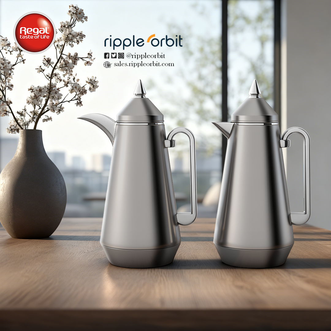 Regal by Ripple Vacuum Flask Set (2 x 1L), Double Wall Stainless Steel Body with Glass Liner, Hot & Cold Insulated Vacuum Jugs, Leak-Resistant, for Arabic Coffee & Tea