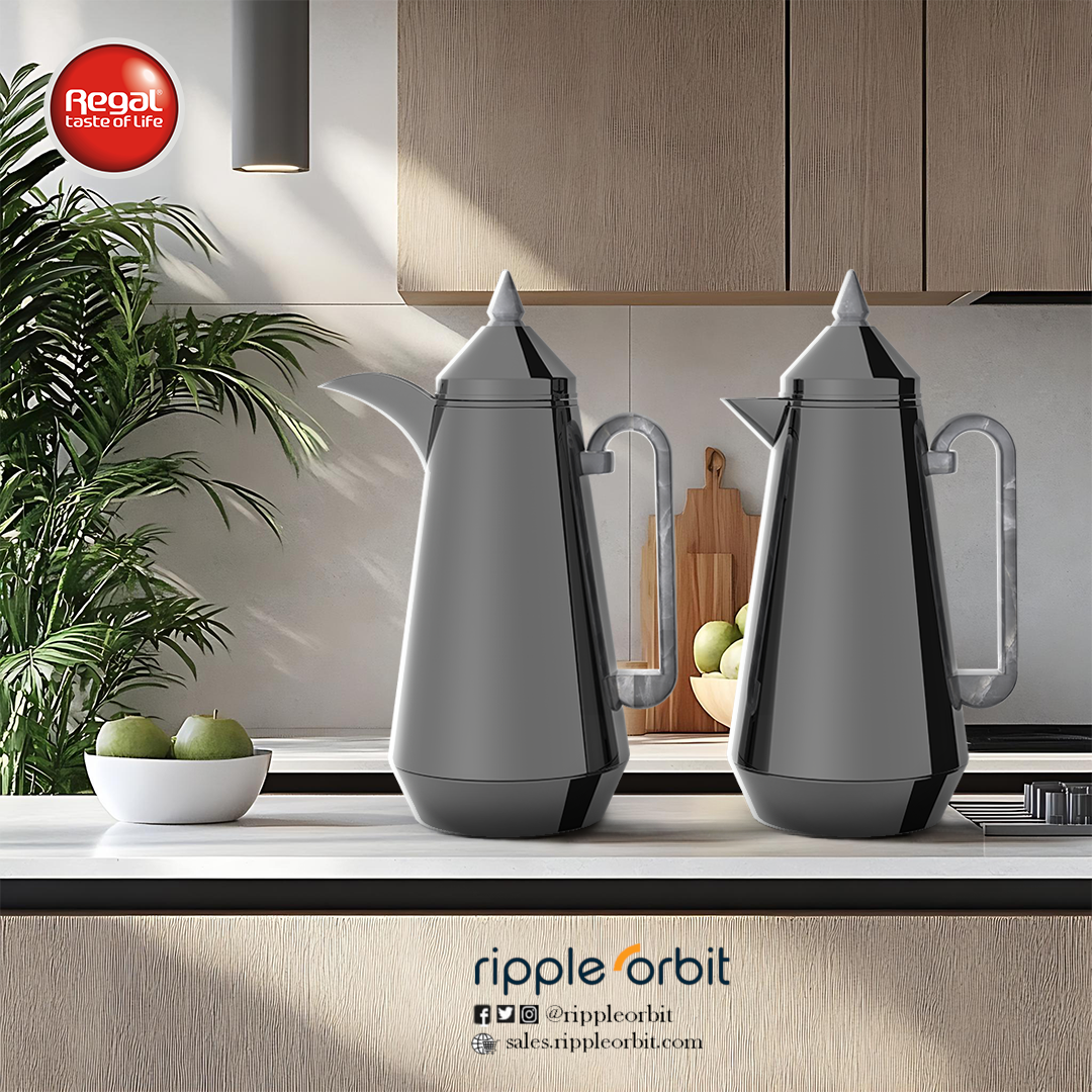 Regal by Ripple Vacuum Flask Set (2 x 1L), Double Wall Stainless Steel Body with Glass Liner, Hot & Cold Insulated Vacuum Jugs, Leak-Resistant, for Arabic Coffee & Tea