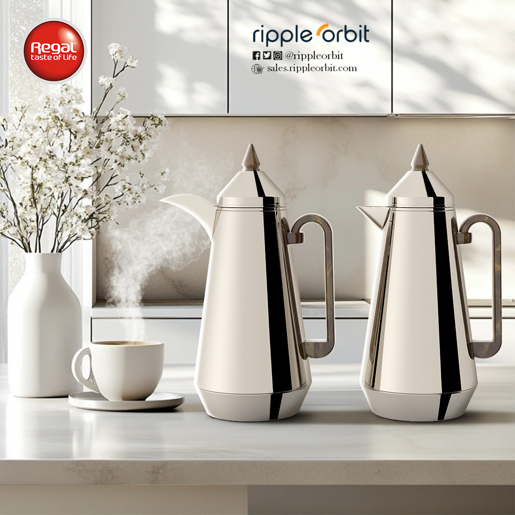 Regal by Ripple Vacuum Flask Set (2 x 1L), Double Wall Stainless Steel Body with Glass Liner, Hot & Cold Insulated Vacuum Jugs, Leak-Resistant, for Arabic Coffee & Tea