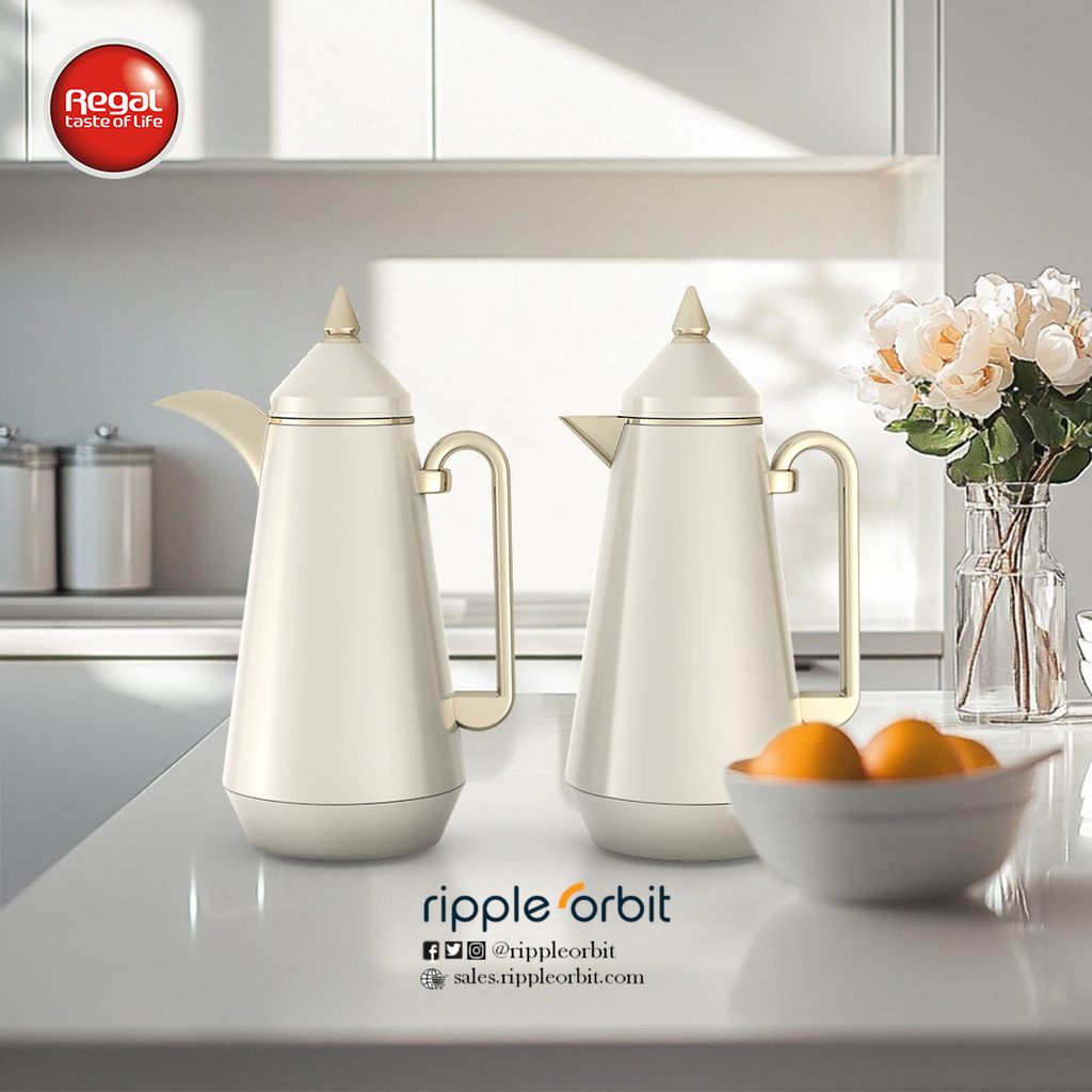 Regal by Ripple Vacuum Flask Set (2 x 1L), Double Wall Stainless Steel Body with Glass Liner, Hot & Cold Insulated Vacuum Jugs, Leak-Resistant, for Arabic Coffee & Tea