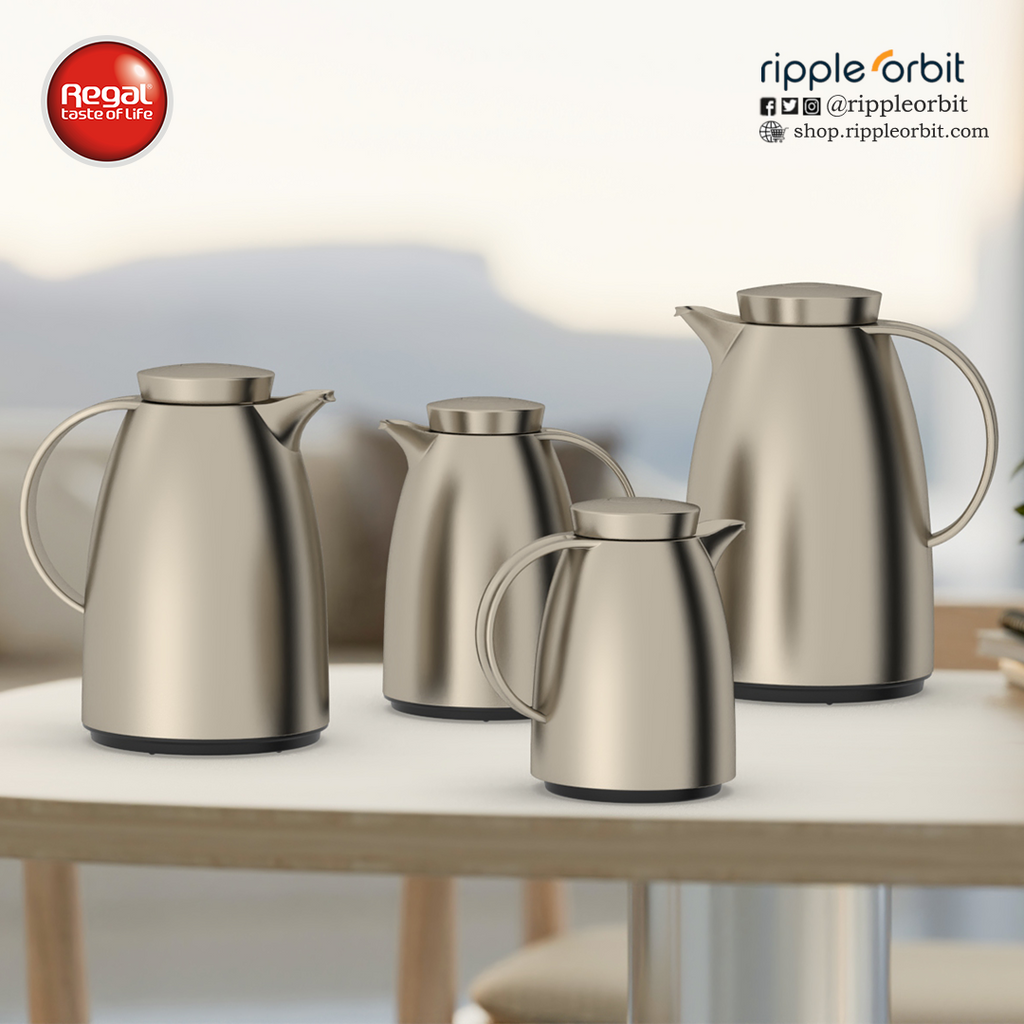 Regal by Ripple Vacuum Flask Set, ABS Body with Glass Liner, Matt Gold Finish – Hot & Cold Beverage Server for Arabic Coffee & Tea