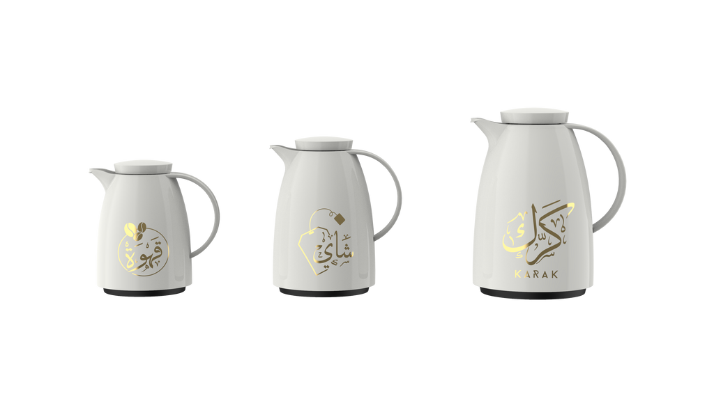 Regal by Ripple 3-Piece Arabic Flask Set – 0.35L + 0.5L + 1L – White with Gold Arabic Design – Tea, Coffee & Karak Thermos – Plastic Body with Glass Liner