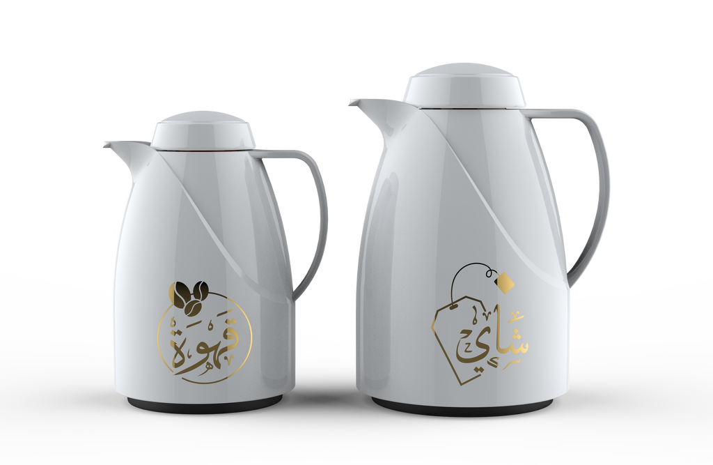 Regal by Ripple 2-Piece Arabic Thermos Set – 0.5L Coffee Flask + 1.0L Tea Flask – White with Champagne Gold Arabic Calligraphy – Glass Liner – Hot & Cold Vacuum Flask – RDU-05/10