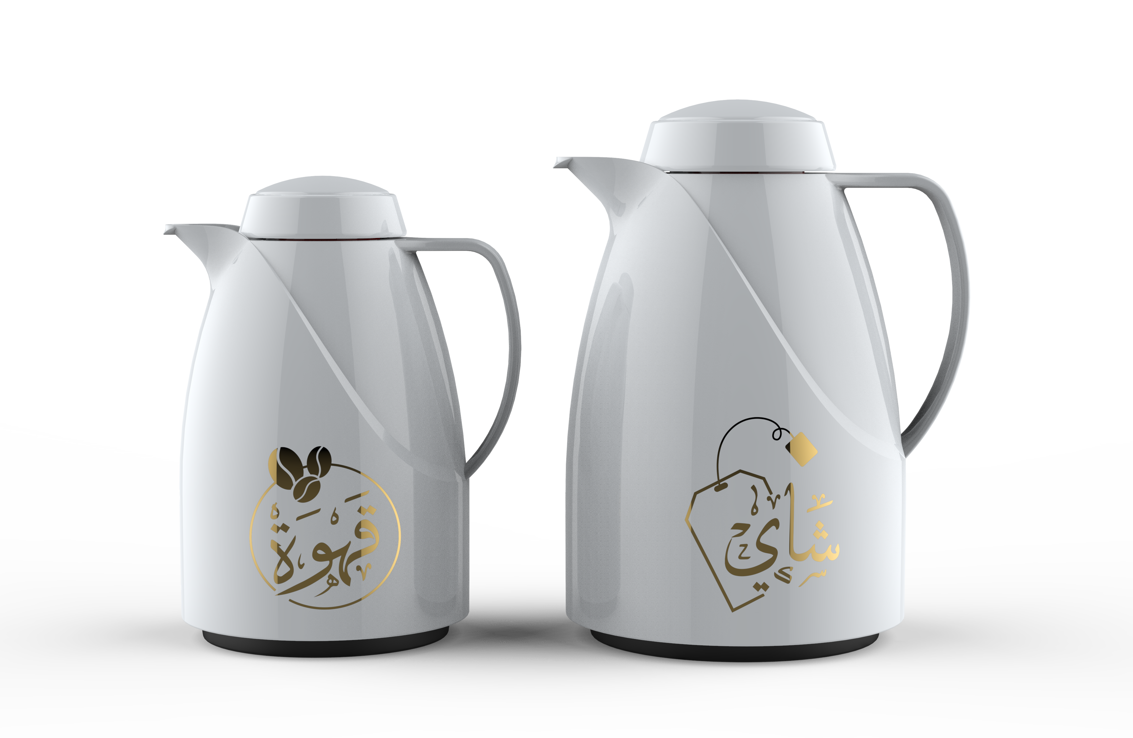 Regal by Ripple 2-Piece Arabic Thermos Set – 0.5L Coffee Flask + 1.0L Tea Flask – White with Champagne Gold Arabic Calligraphy – Glass Liner – Hot & Cold Vacuum Flask – RDU-05/10