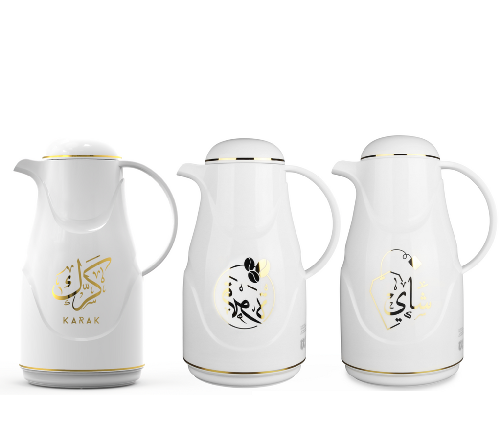 Regal by Ripple 3-Piece Arabic Thermos Set – 1.0L Tea Flask + 1.0L Coffee Flask + 1.0L Karak Flask – White & Champagne Gold – Glass Liner – Hot & Cold Vacuum Flask – REP-10/10/10