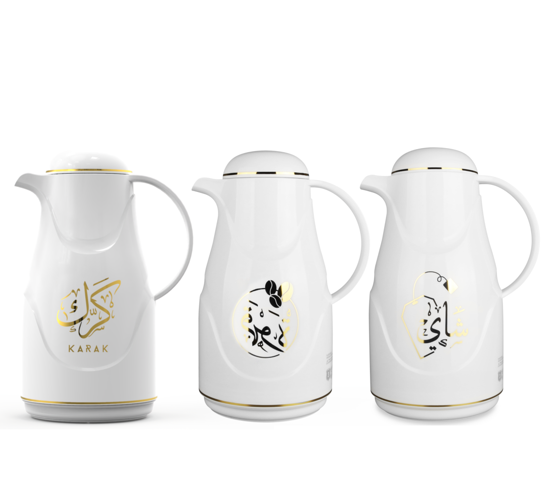 Regal by Ripple 3-Piece Arabic Thermos Set – 1.0L Tea Flask + 1.0L Coffee Flask + 1.0L Karak Flask – White & Champagne Gold – Glass Liner – Hot & Cold Vacuum Flask – REP-10/10/10