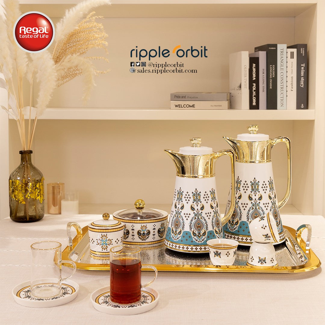 Regal by Ripple 24-Piece Tea & Coffee Set with 2 Vacuum Flasks (0.5L + 1L) – Double Wall Stainless Steel Body with Glass Liner, 6 Tea Cups, 6 Saucers, 6 Arabic Coffee Cups, Sugar & Date Bowl – Bluish Green+Gold
