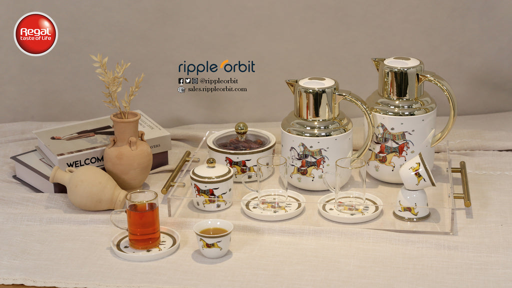 Regal by Ripple 24PCS Tea & Coffee Set – 2 Vacuum Flasks (0.5L + 1L), Cups, Saucers, Sugar & Date Bowl –White+Gold Parts Accents