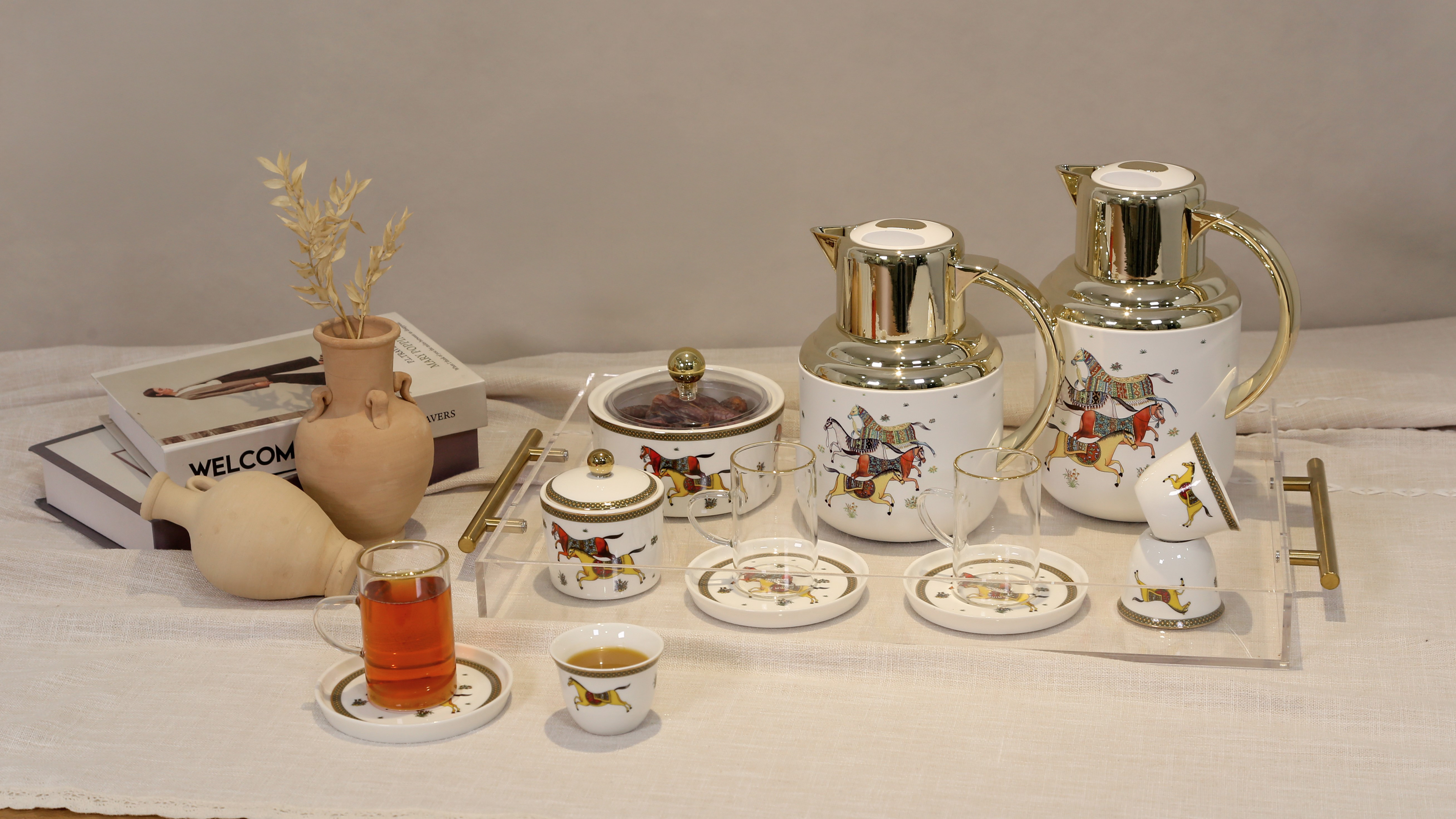 Regal by Ripple 24PCS Tea & Coffee Set – 2 Vacuum Flasks (0.5L + 1L), Cups, Saucers, Sugar & Date Bowl –White+Gold Parts Accents