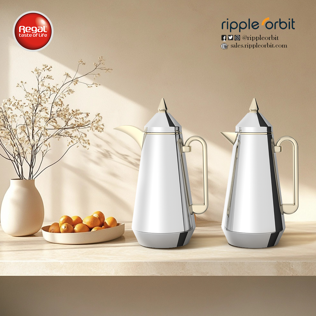 Regal by Ripple Vacuum Flask Set (2 x 1L), Double Wall Stainless Steel Body with Glass Liner, Hot & Cold Insulated Vacuum Jugs, Leak-Resistant, for Arabic Coffee & Tea