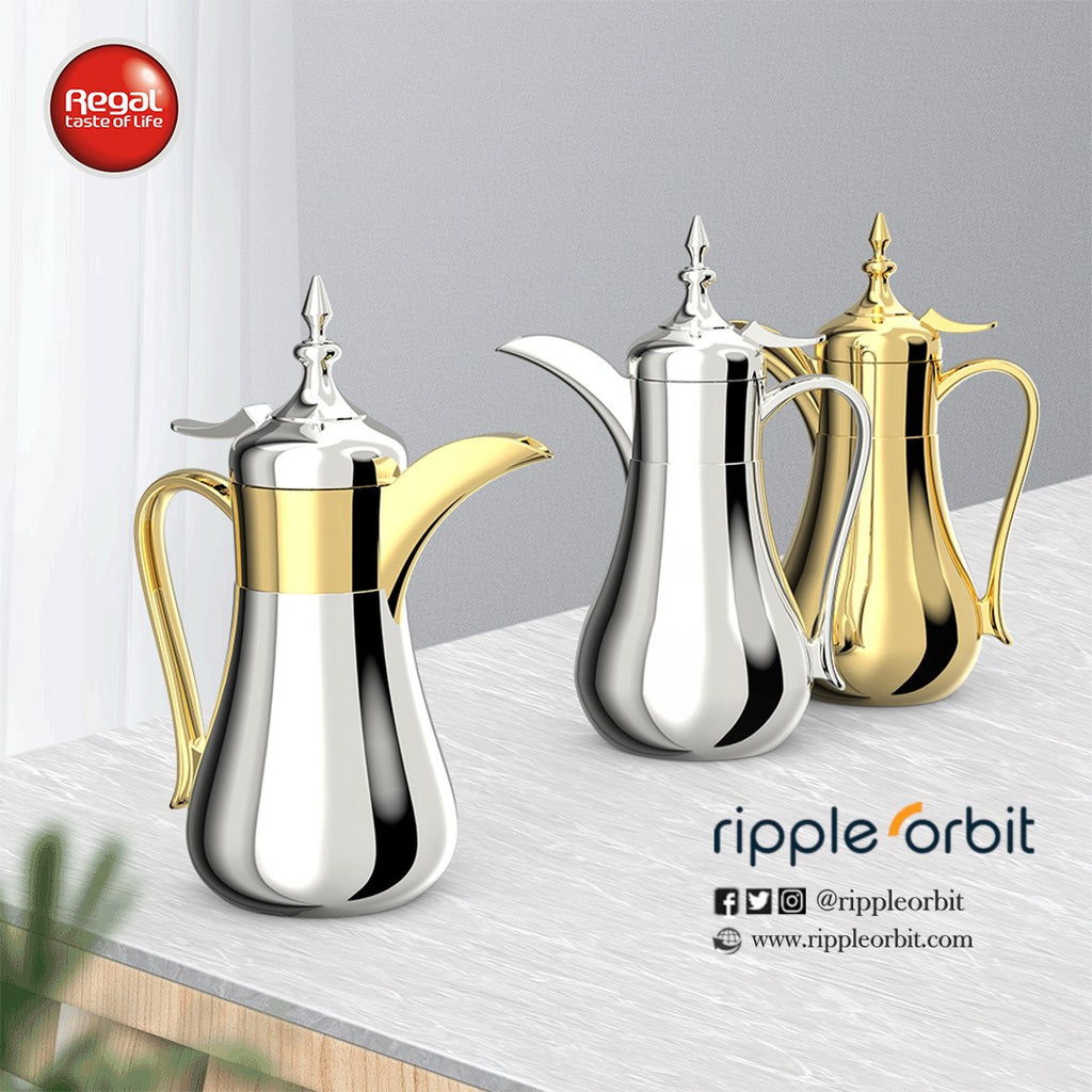 Regal Double Wall Vacuum Flask Set Stainless Steel 0.7L & 1L –Gold silver
