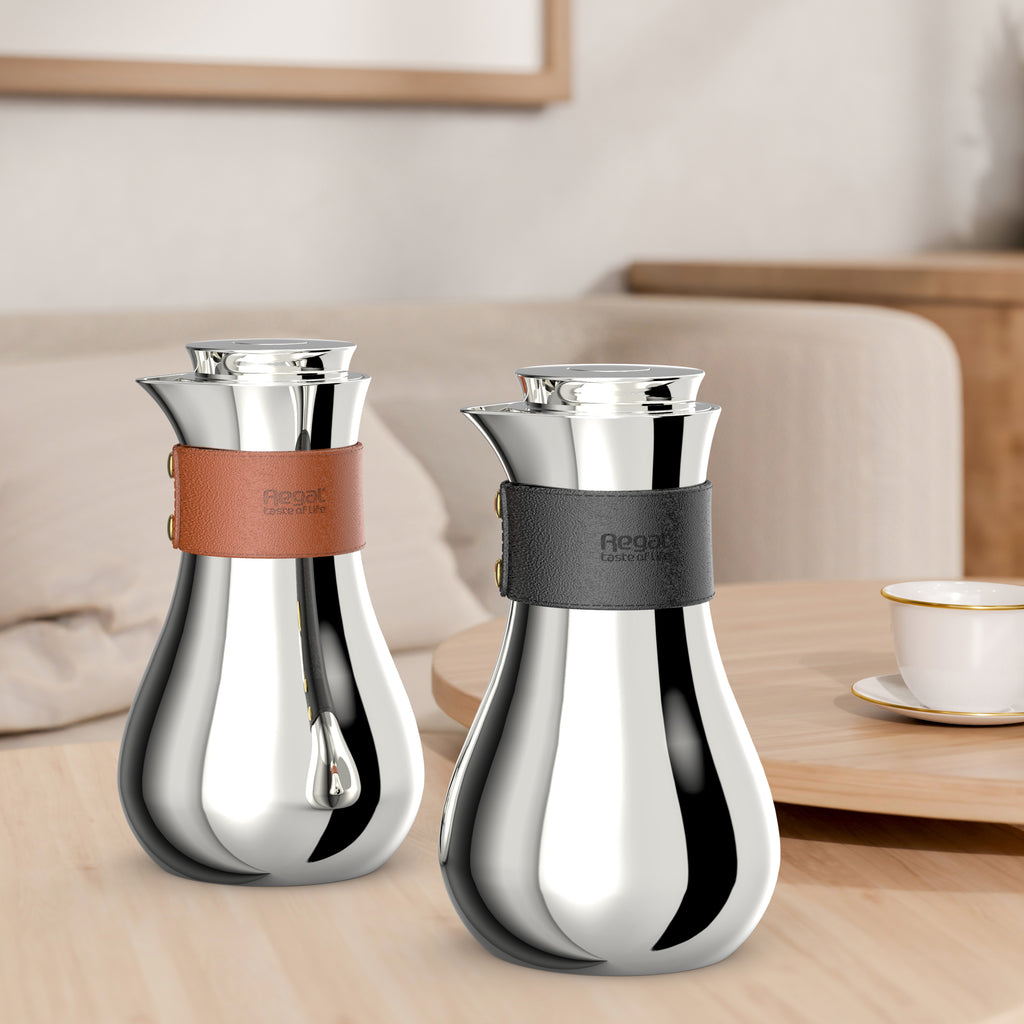 Regal by Ripple TSC09Q Series 0.7 L Vacuum Flask – Double-Wall Stainless-Steel Body & Liner – Silver Finish with Leather Grip (Black or Brown) – Elegant Modern Coffee & Tea Jug