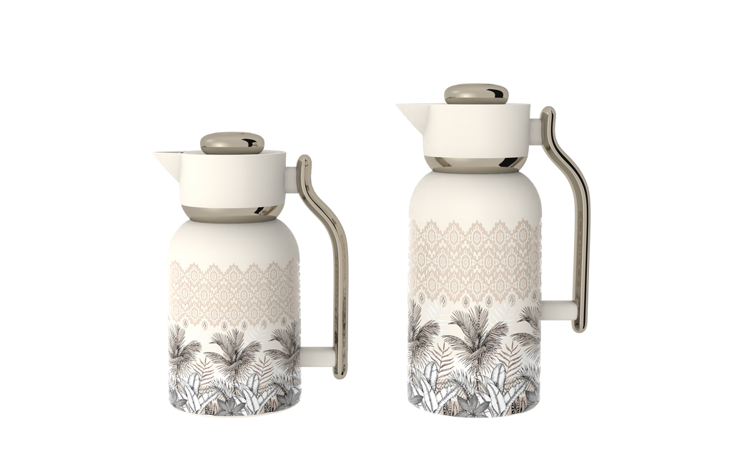Regal by Ripple 2-Piece Double-Wall Vacuum Flask Set (1.0 L + 1.3 L) – Full Stainless Steel Body & Liner – Beige Palm Edition – Elegant Tropical Pattern – TSC10Q Series
