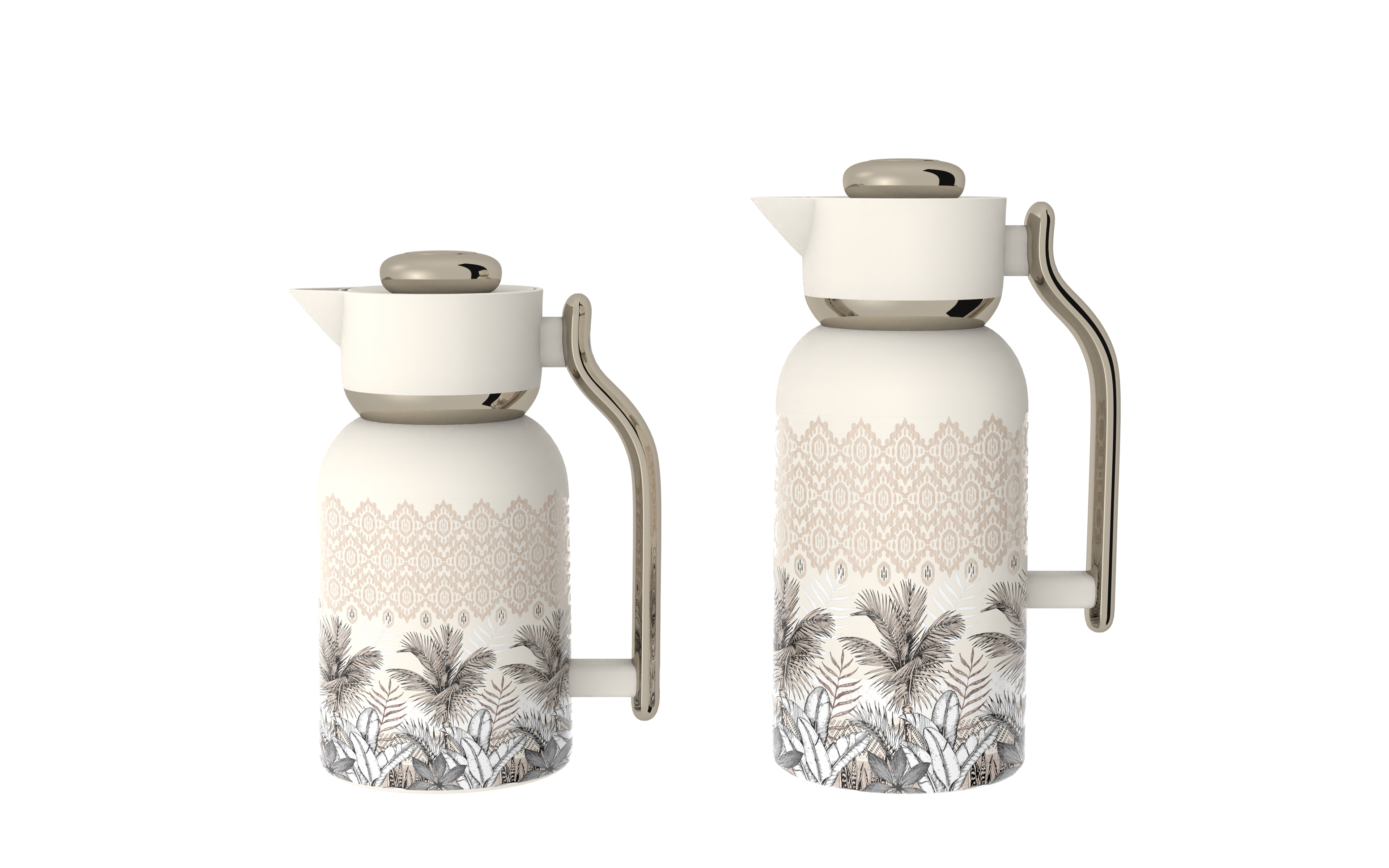 Regal by Ripple 2-Piece Double-Wall Vacuum Flask Set (1.0 L + 1.3 L) – Full Stainless Steel Body & Liner – Beige Palm Edition – Elegant Tropical Pattern – TSC10Q Series