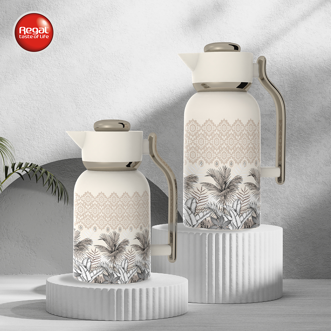 Regal by Ripple 2-Piece Double-Wall Vacuum Flask Set (1.0 L + 1.3 L) – Full Stainless Steel Body & Liner – Beige Palm Edition – Elegant Tropical Pattern – TSC10Q Series