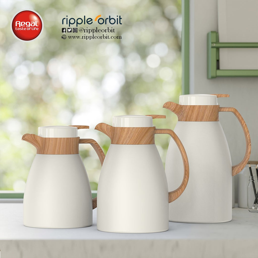 Regal by Ripple Nordic Style Vacuum Flask – Stainless Steel Body with Glass Liner – Wooden Texture Handle & Lid – Double Wall Insulated – Available in 1.3L / 1.6L / 1.9L