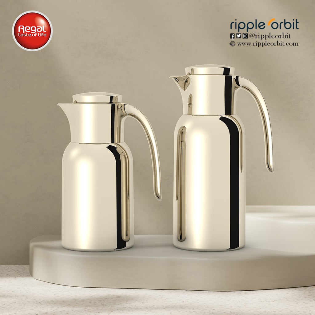 Regal by Ripple 2-Piece Full Stainless Steel Thermos Set – 1.0L Coffee Flask + 1.3L Tea Flask – Double Wall Insulated with Steel Liner – Elegant Champagne Gold Finish – TSC12Q-GS