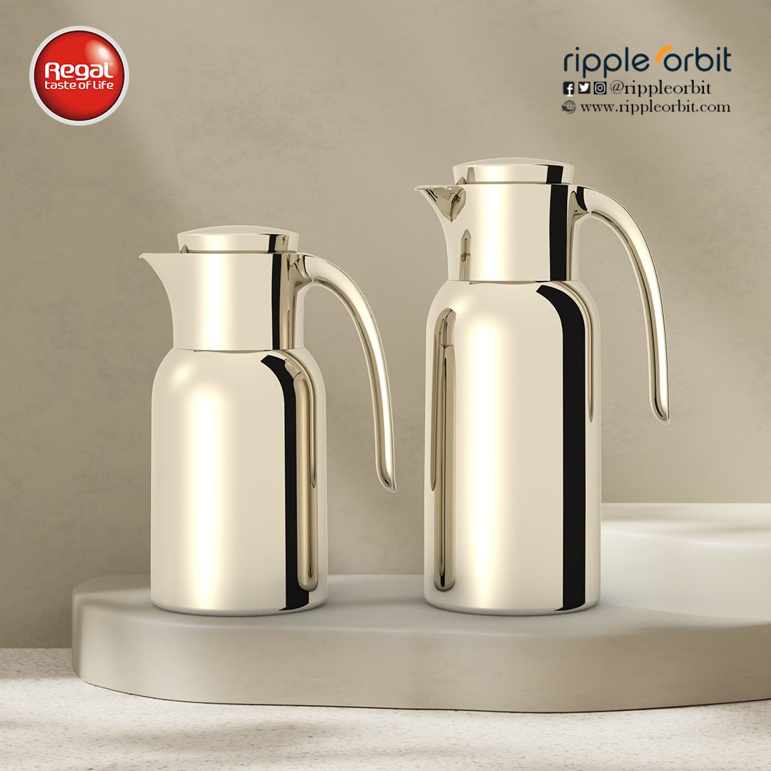 Regal by Ripple 2-Piece Full Stainless Steel Thermos Set – 1.0L Coffee Flask + 1.3L Tea Flask – Double Wall Insulated with Steel Liner – Elegant Champagne Gold Finish – TSC12Q-GS