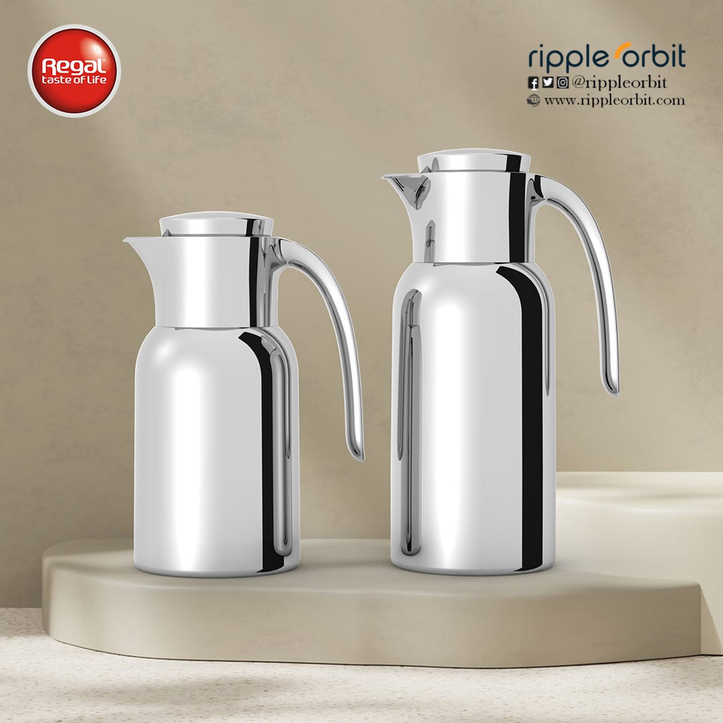 Regal by Ripple 2-Piece Full Stainless Steel Thermos Set – 1.0L Coffee Flask + 1.3L Tea Flask – Double Wall Insulated with Steel Liner – Full Polished Silver Finish – TSC12Q-GS FULL SILVER