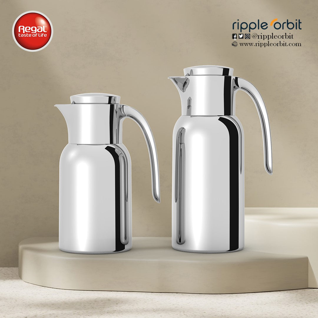 Regal by Ripple 2-Piece Full Stainless Steel Thermos Set – 1.0L Coffee Flask + 1.3L Tea Flask – Double Wall Insulated with Steel Liner – Full Polished Silver Finish – TSC12Q-GS FULL SILVER