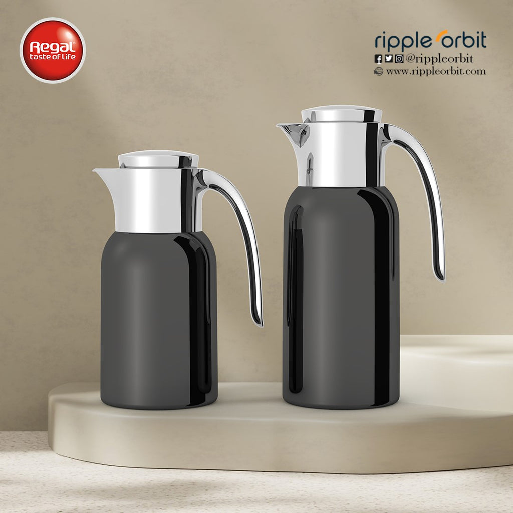 Regal by Ripple 2-Piece Full Stainless Steel Thermos Set – 1.0L Coffee Flask + 1.3L Tea Flask – Double Wall Insulated with Steel Liner – Jet Black with Silver Finish – TSC12Q-GS JET BLACK