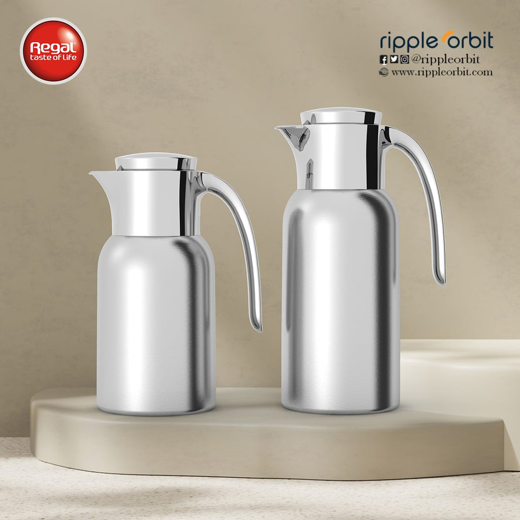 Regal by Ripple 2-Piece Full Stainless Steel Thermos Set – 1.0L Coffee Flask + 1.3L Tea Flask – Double Wall Vacuum Insulated with Steel Liner – Shining Silver Finish – TSC12Q-G